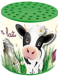 Boîte à Meuh avec une vache dans l'herbe et  un pot de lait, style papier découpé